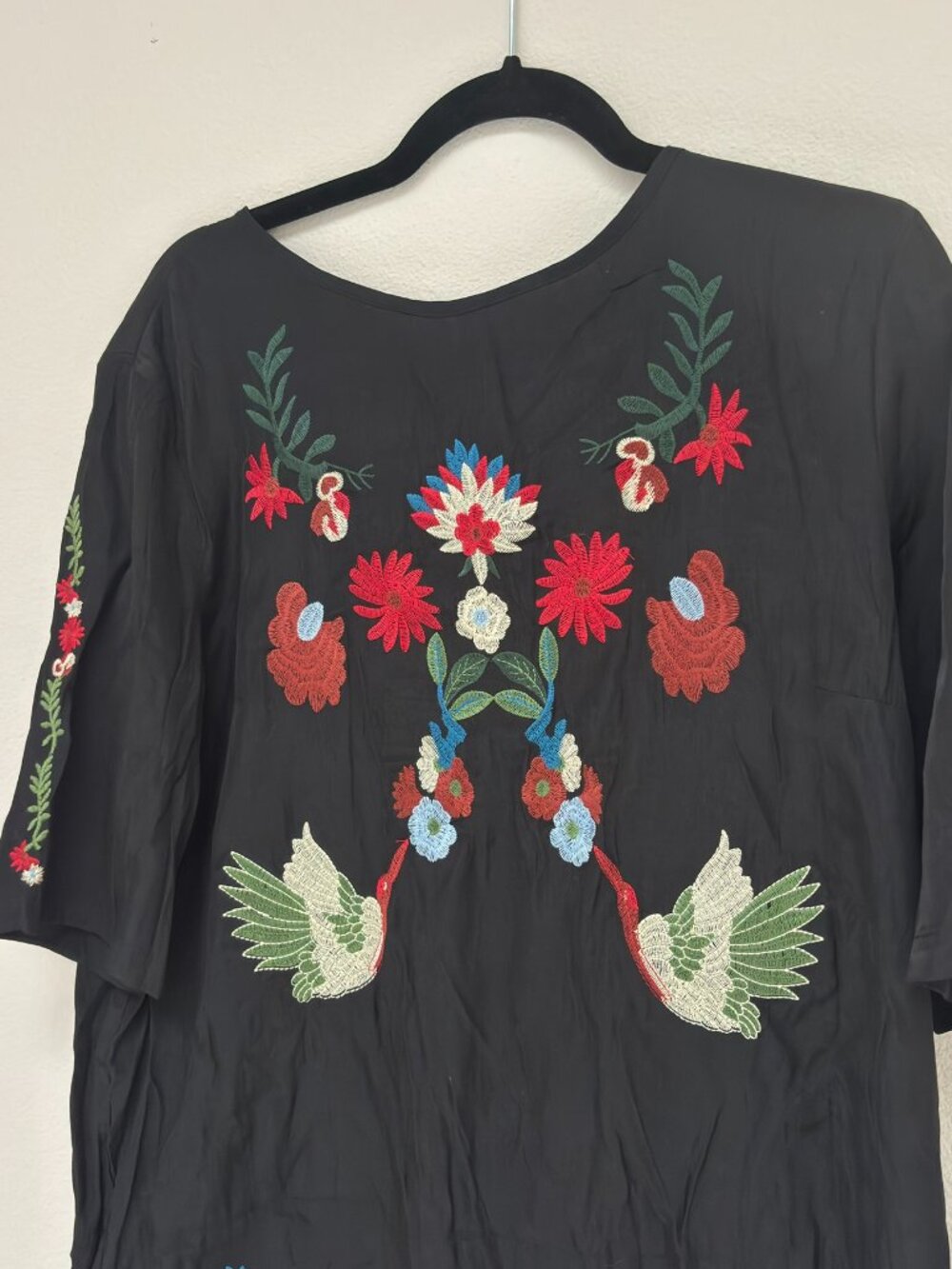 Runway Black Embroidered Bird Floral Folk Tunic Dress Boho L - Picture 4 of 5